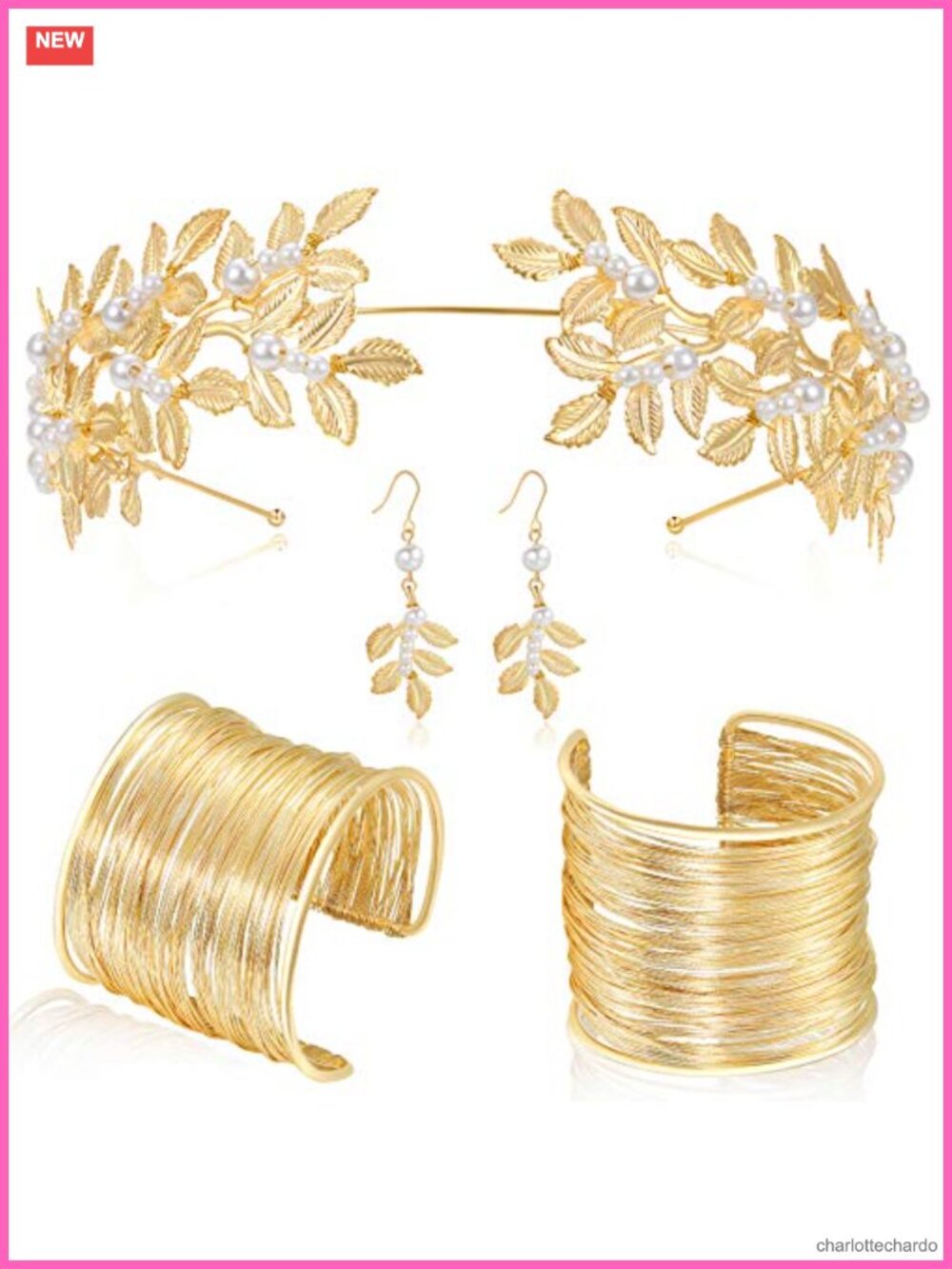 Greek Goddess Costume Jewelry Set Imitation Pearl Gold Tone Alloy Headpiece
